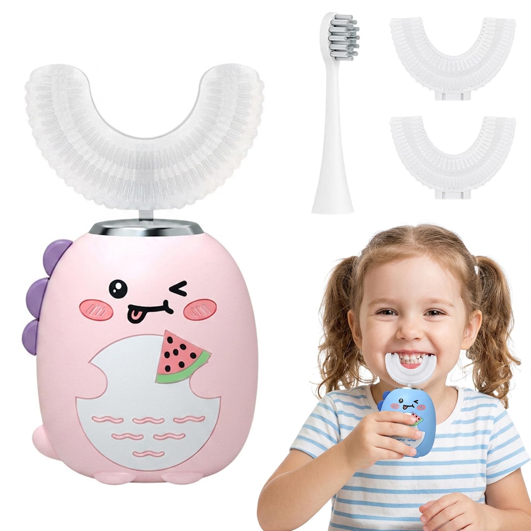 Dinobrush - Spazzolino Da Denti a 360 Per Bambini - 3 Modalità Pulizia，Rosa | Setole Morbide In Silicone Alimentare, Impermeabilità Ipx7, Adatto a Bambini Dai 2 Ai 12 Anni