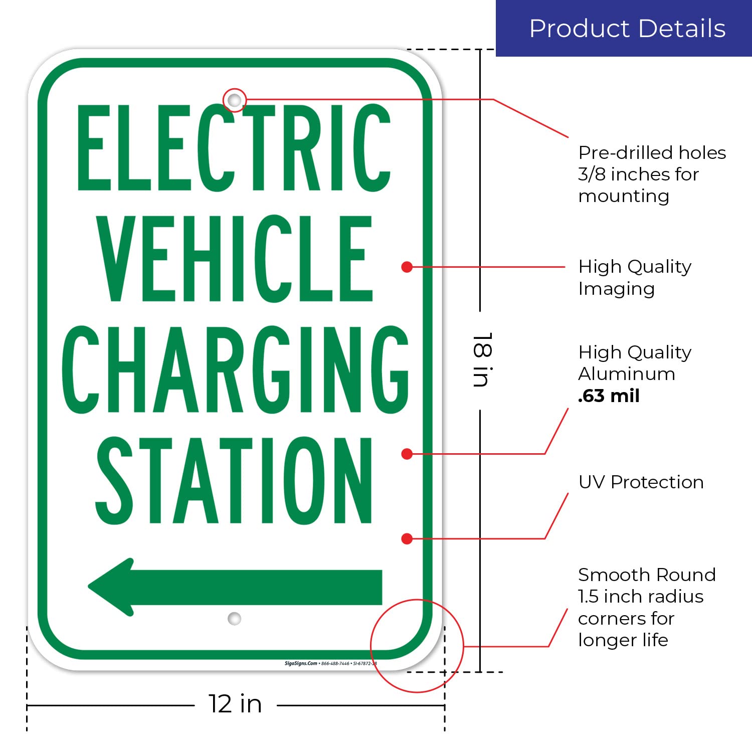 Electric Vehicle Charging Station with Left Arrow Sign, 12x18 Inches, Rust Free .063 Aluminum, Fade Resistant, Made in USA