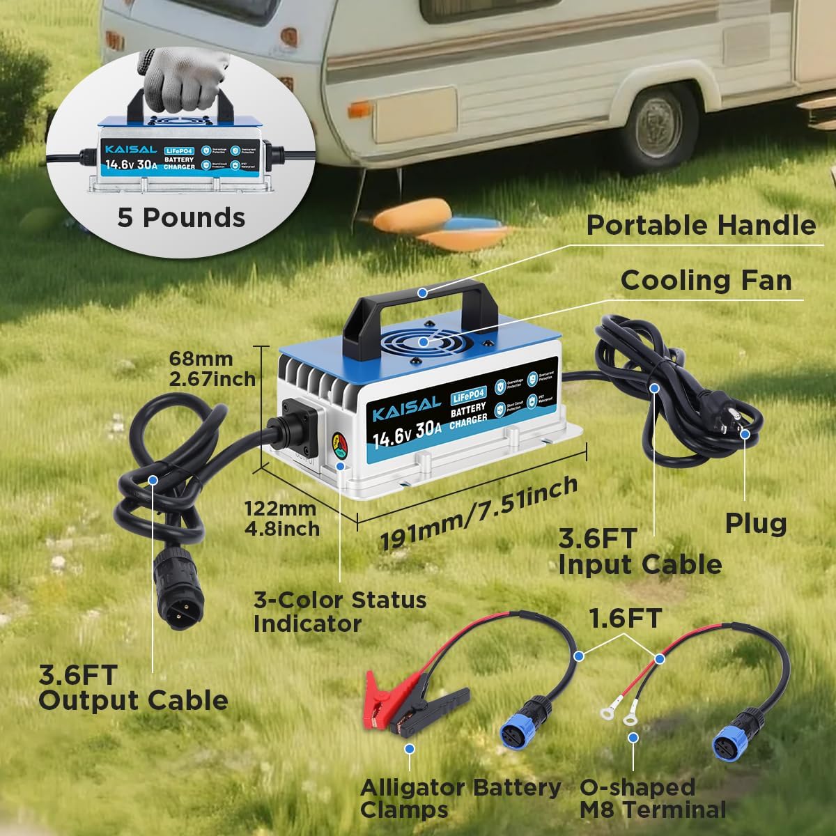 12V 30A Lithium Battery Charger 14.6V LiFePO4 Battery Charger IP67 Waterproof & 0V Wake Up 12 Volt Lithium Charger with 2 Connectors, 8 Protections for 12.8V LiFePO4 Battery of RV, Boat, Solar, Home