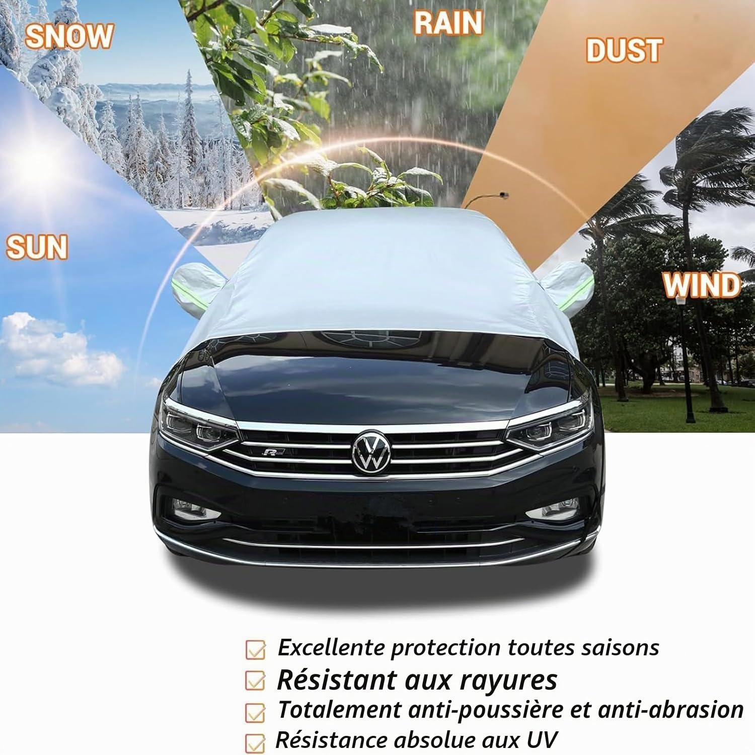 Housse pour Voiture Exterieur, Demi Bâche voiture Housse de Protection Auto, Couverture de voiture Imperméable, Coupe-Vent, Anti-UV, Soleil, Pluie, Poussière, Ajustement Universel pour Berline