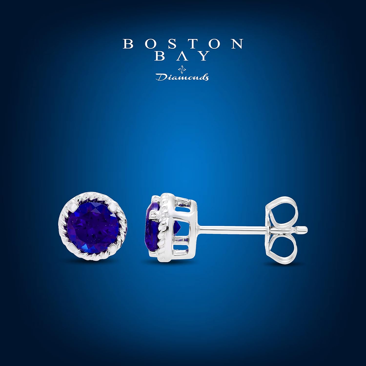 Boston Bay Diamonds 925 Sterling Silver Birthstone Gemstone Rope Halo Solitaire Stud Earrings