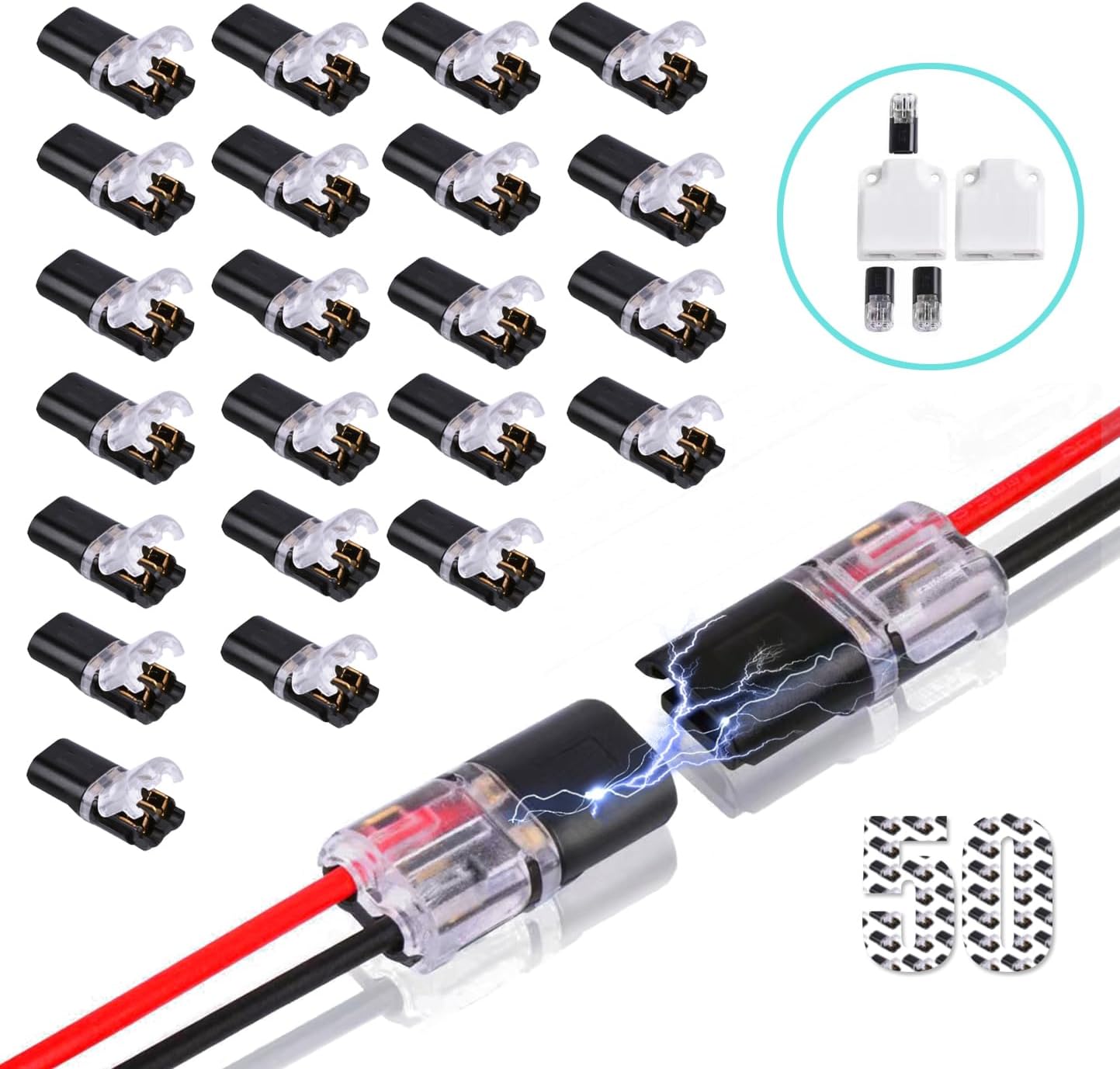 20/50pcs Double-Wire Plug-in Connector, Pluggable 2 Pin 2 Way LED Wire Connectors, With Locking Buckle Fast Connect Low Voltage Wire Connectors (50PCS+2pcs Wire Splitter)
