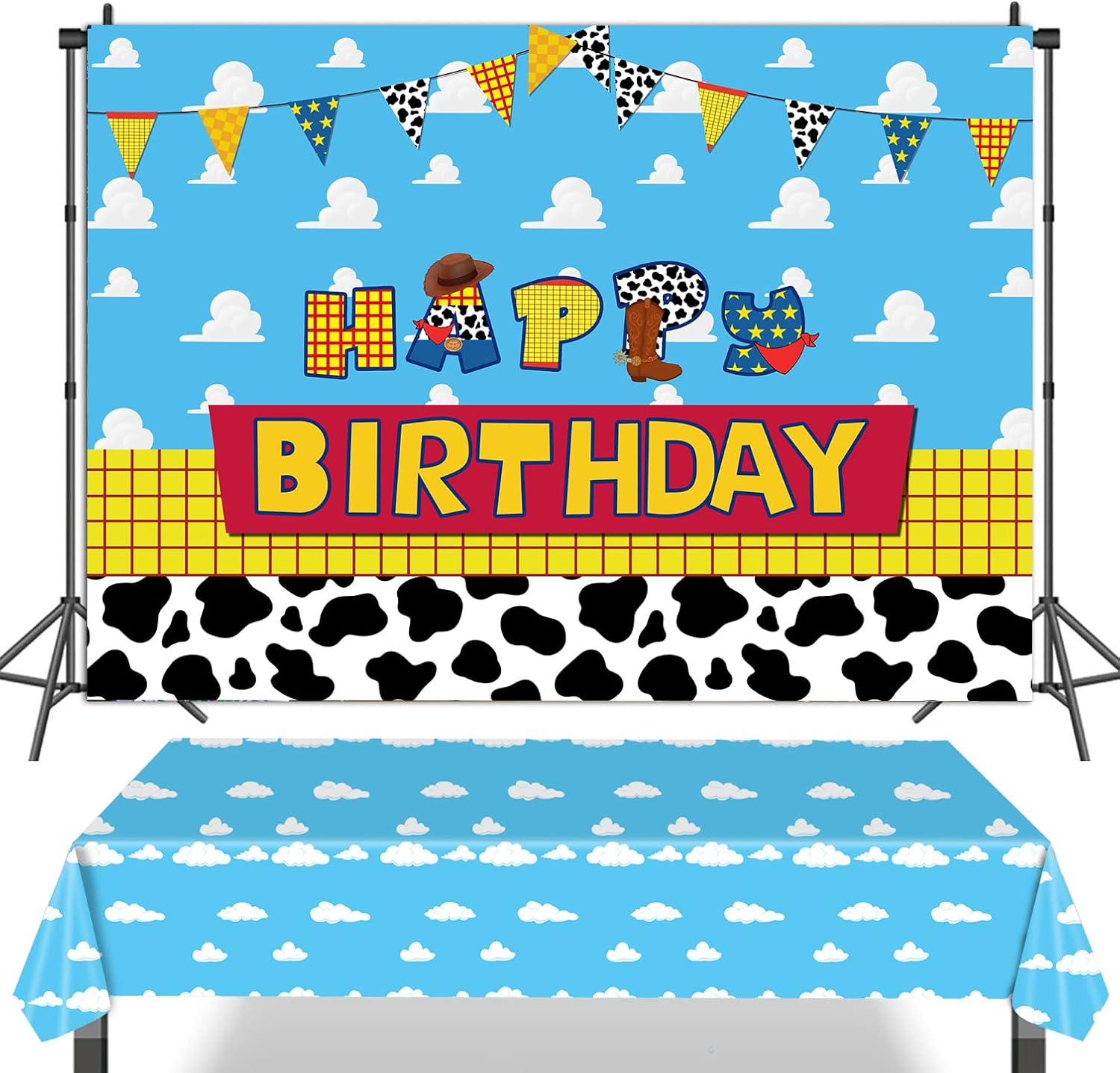 Cartoon Toy Happy Birthday Backdrop Blue Sky White Cloud Tablecloth Toy Theme Birthday Party Decoration for Kids Cartoon Story Backdrop 6x4ft Toy Tablecloth 220x130cm