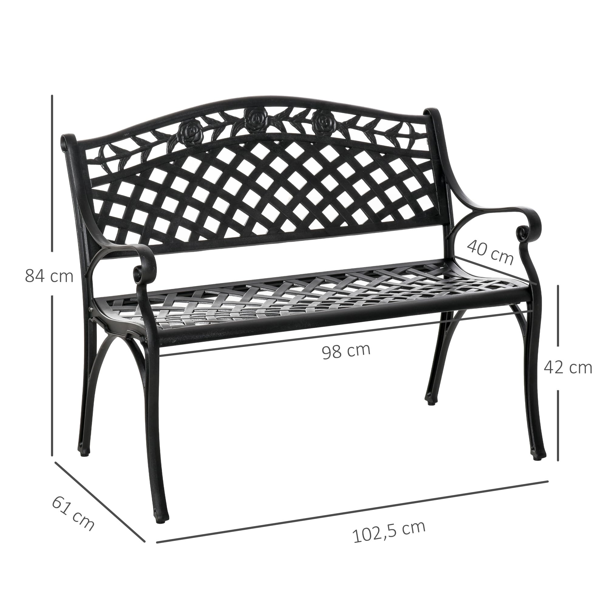 Outsunny 2-Sitzer Sitzbank Wetterfest Gartenbank Schwarz 102,5x61x84 cm | Alu, Mit Armlehnen, Landhausstil, Metallbank, Bank