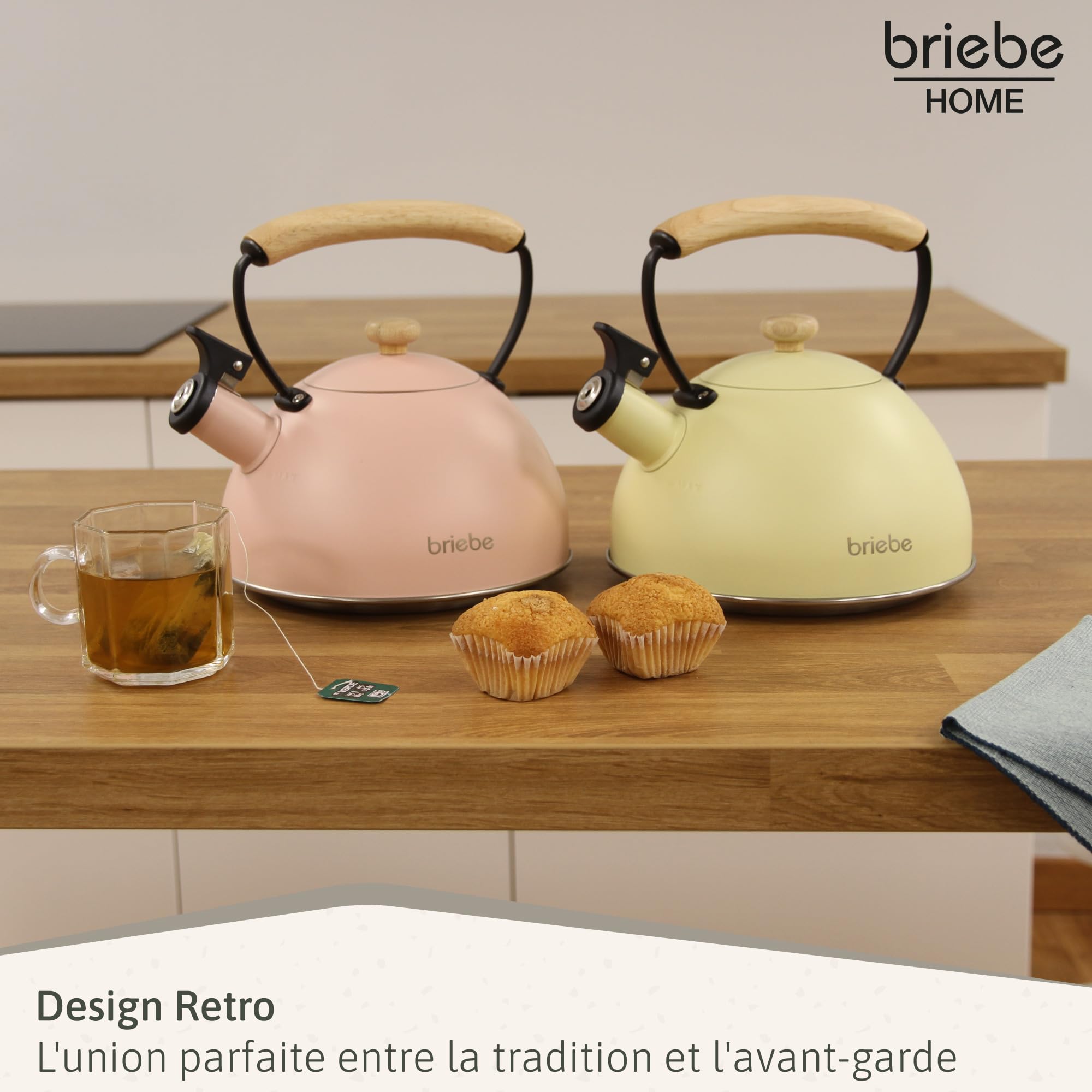 briebe Retro Bouilloire Induction Sifflante 2,3L, Acier Inoxydable, Tout Feux: Plaque Vitrocéramique, Gaz, Électrique, Poignée en Bois Cool Touch, Vintage, Pour Thé, Café, Tea Pot, Rose