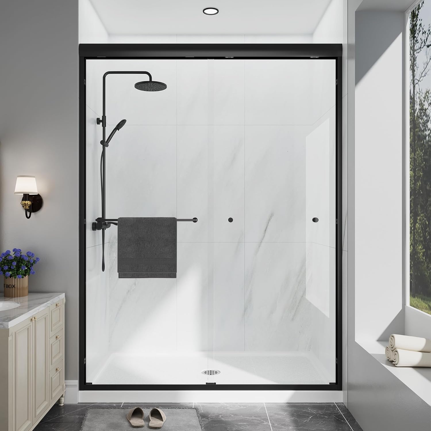 Double Sliding Shower Door, 55"-60" W x 70" H Semi-Frameless Glass Shower Door, 1/4'' (6mm) Clear SGCC Tempered Glass with Explosion-Proof Film and Nano Coating, Matte Black Matte Black 55"-60" X 70"H