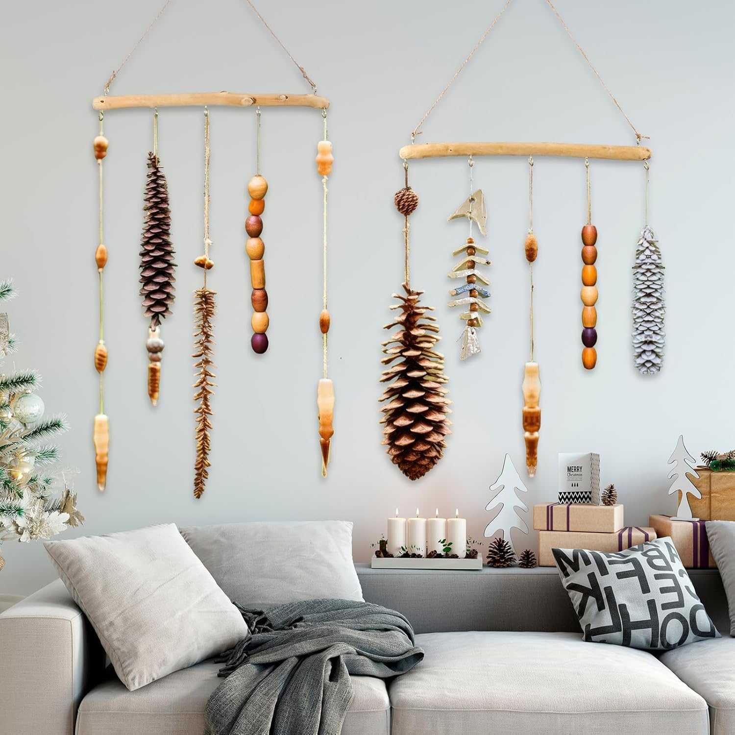 Chunful 4 Pcs 15 Inch Driftwood Wall Hanging Jewelry Hanger Rustic Wood Logs Hanging Branch Decor with 5 Hooks Natural Driftwood Decorative Branches Farmhouse Wooden Hook Mounted