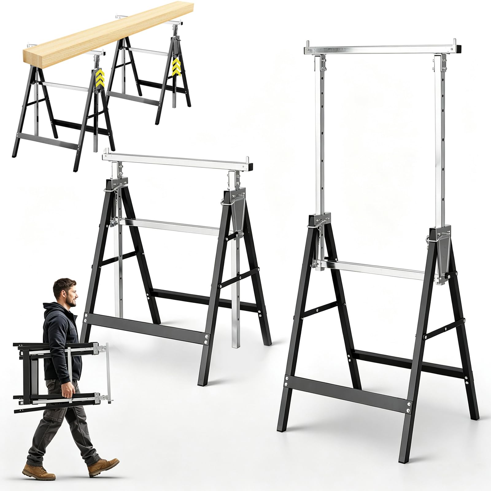 Fiqops Lot de 2 Tréteaux de Travail Pliables, Hauteur Réglable 80–130 cm sur 7 Positions, Charge Max. 400 kg par Paire, Tréteaux en Acier avec Verrouillage de Sécurité, Noir