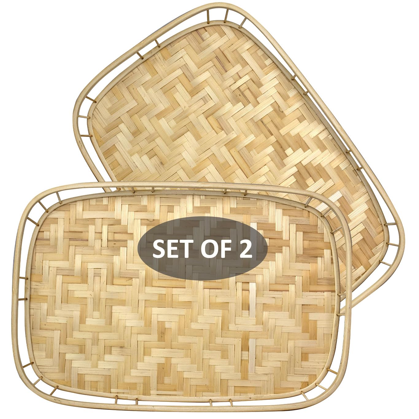 PEMAR Bandejas grandes de bambú para servir con asas, bandeja rectangular tejida a mano, bandeja de bambú para dormitorio, bandeja de cabina. Bandeja decorativa para mesas de café, desayuno, cena,
