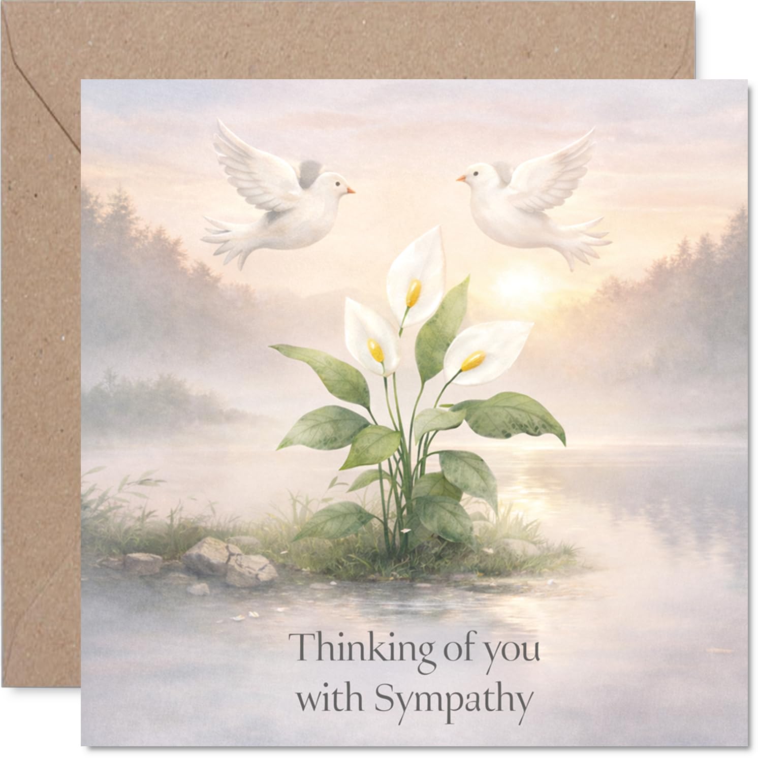 Comforting Sympathy Card - Gentle Wishes in Difficult Times - Serene Doves and White Flowers Design - Soft Pastel Palette for a Touch of Peace - 145mm Square, Envelope Included