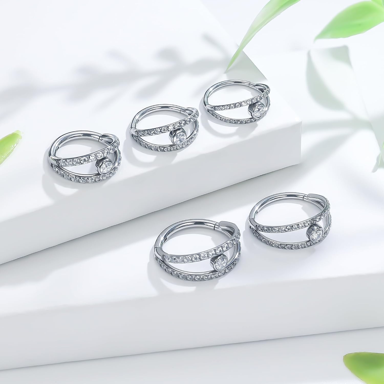 Ruifan 20G 18G 16G Titanium Nose Rings Hoops for Women Double Open Stack CZ Clicker Hinged Septum Nose Ring Lip Helix Cartilage Hoop Earring Daith Rook Conch Body Piercing Jewelry for Women