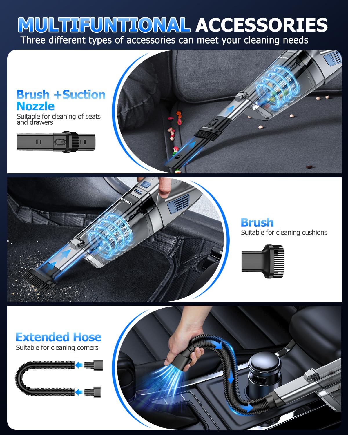 BQYPOWER Aspiradora de mano inalámbrica de 16000 PA, aspiradora de mano de succión fuerte, aspiradora de polvo, inalámbrica, recargable con múltiples accesorios, aspiradora portátil de alta potencia