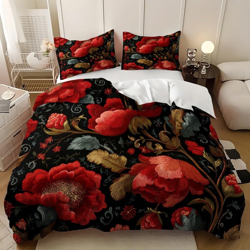Pościel 240 x 220 cm, tradycyjna pościel w stylu vintage, 100% mikrofibra, nie wymaga prasowania, nie gniecie się, można prać w pralce, czerwona, dwustronna, z poszewką na poduszkę 80 x 80 cm