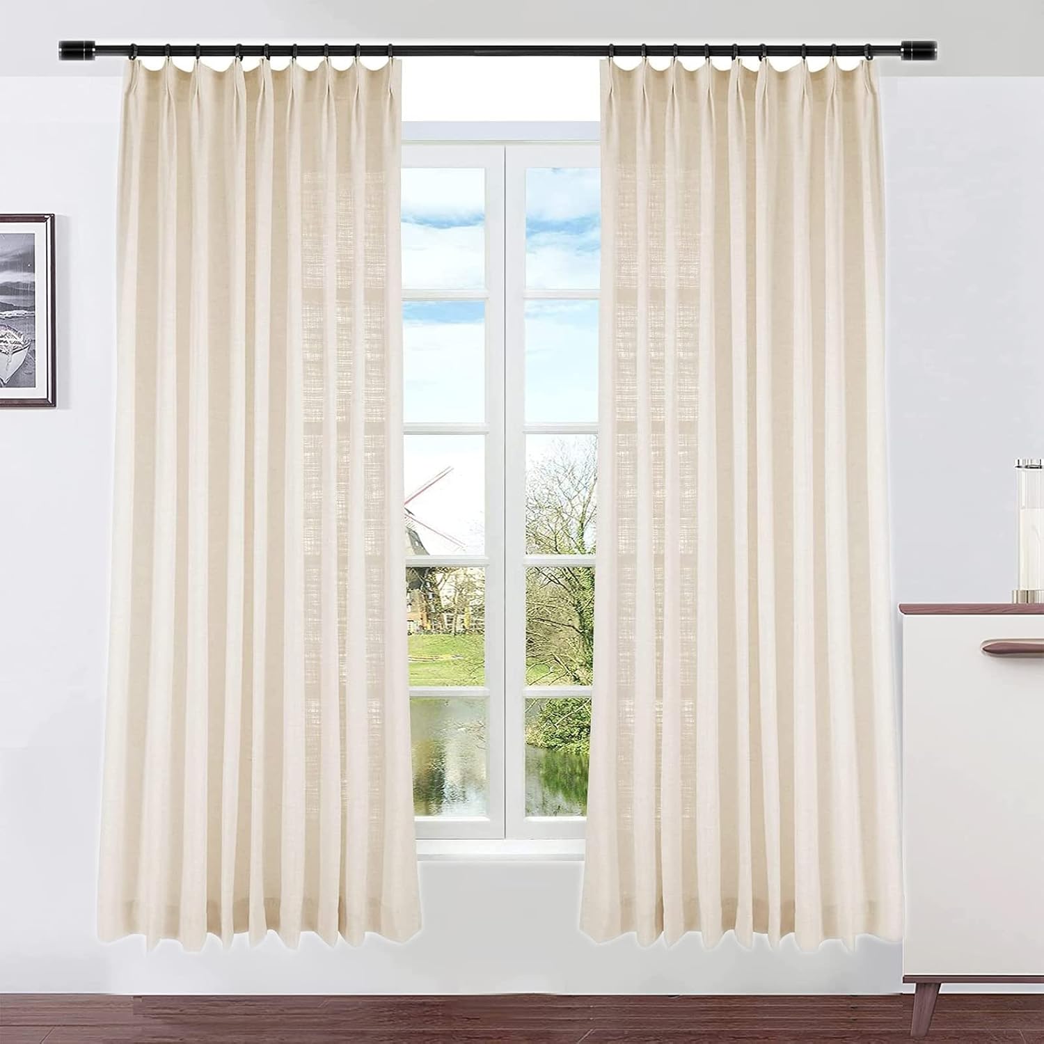 Pinch Pleat Curtain, 60 W x 88 L inch Light Filtering Linen Curtain Drape Panel for Living Room and Silding Door (1 Panel, Sand Beige)