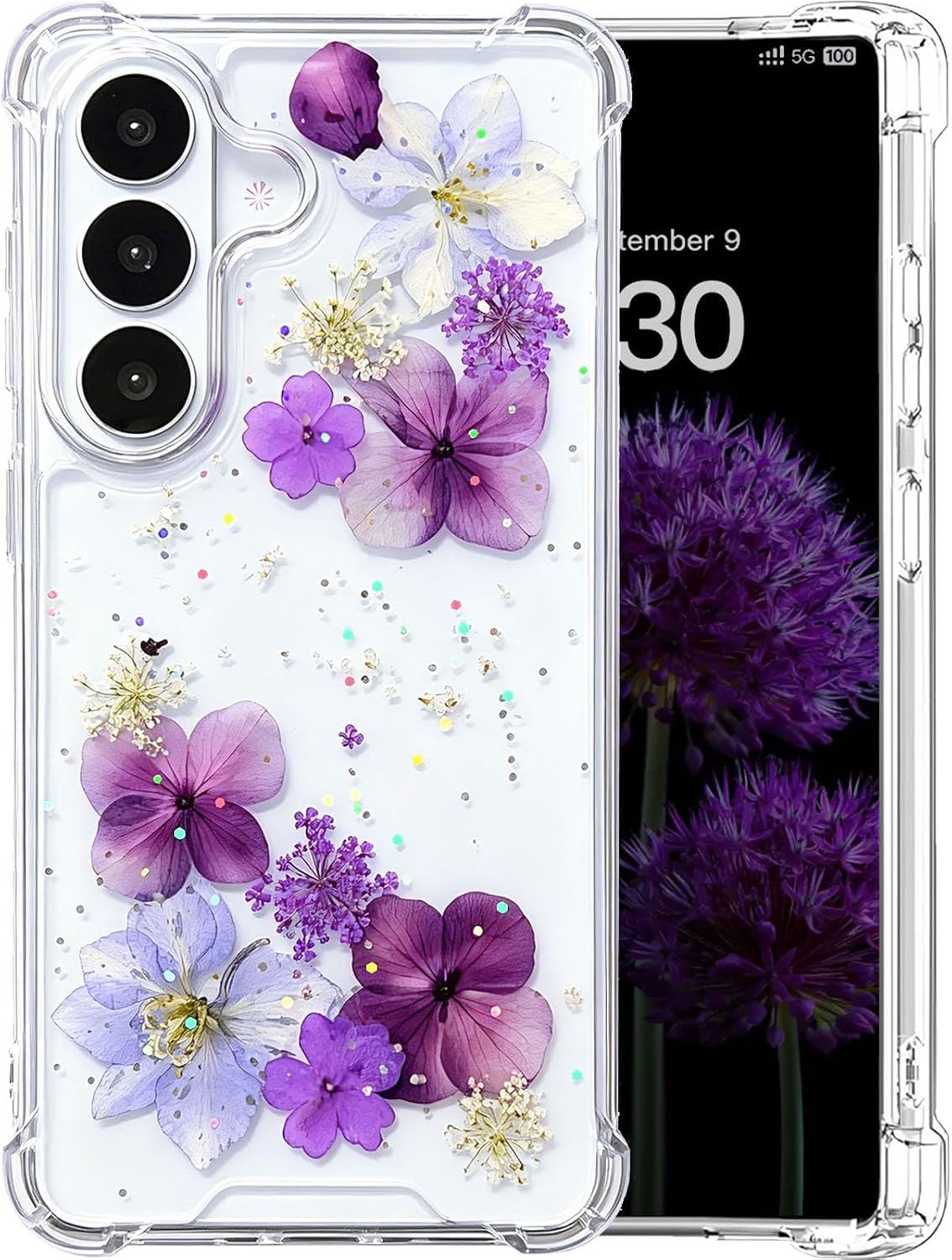 [Real Dried Flower] for Samsung Galaxy S26 Case Clear Glitter Dried Pressed Flower Case for Galaxy S26 Cute Soft Silicone TPU Bling Sparkle Women Girls Floral Cover(Purple Flower)