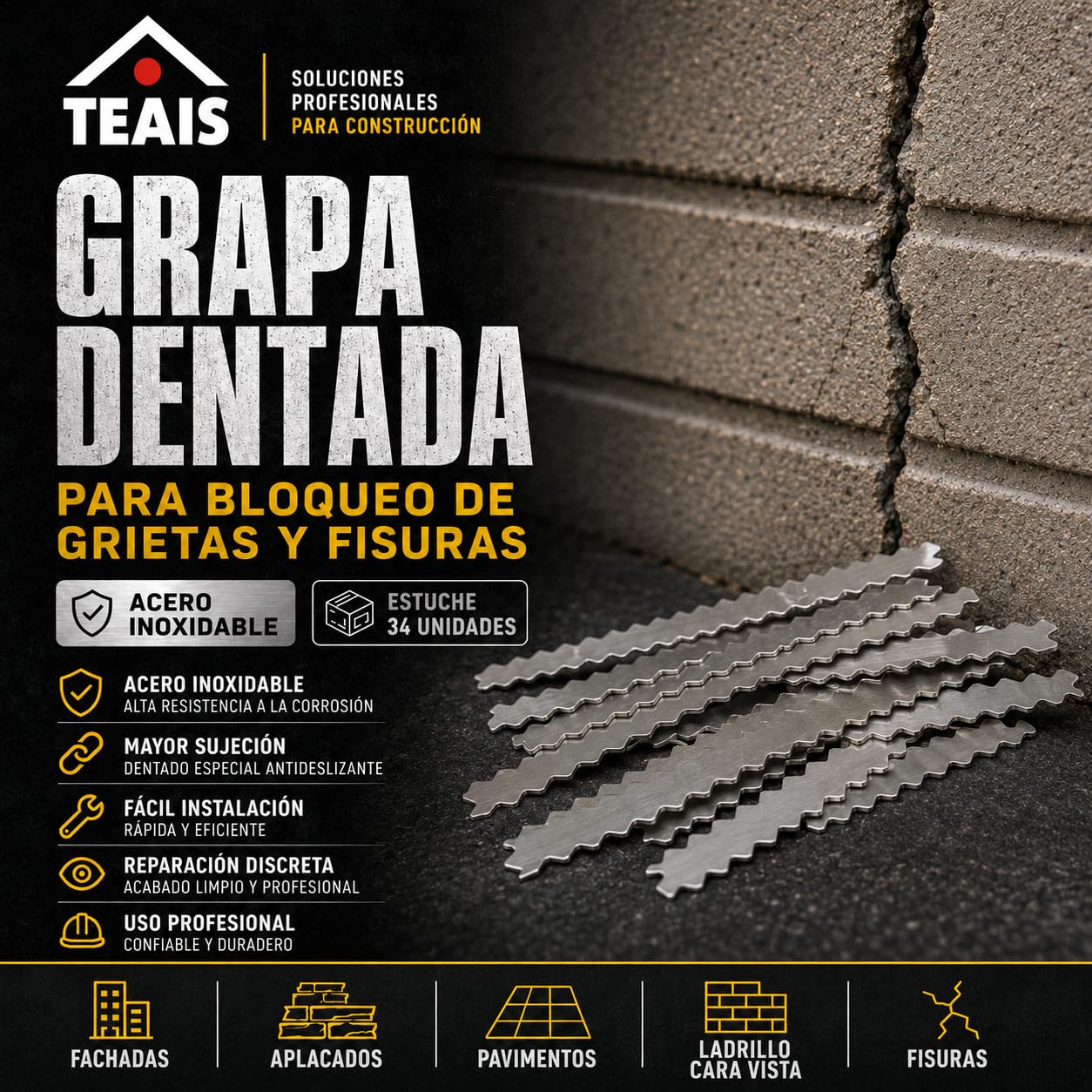 Teais Grapas Dentadas para Reparación de Grietas, Acero Inoxidable, 34 Unidades