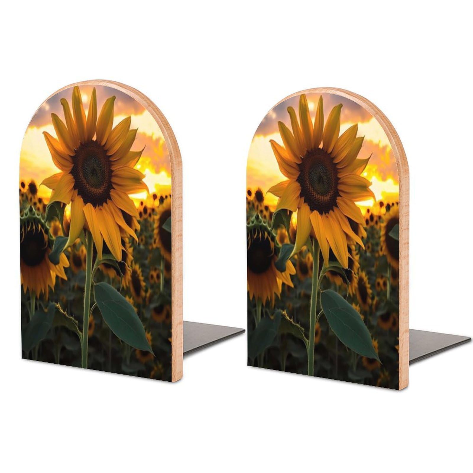 Farm Sunflower Bookends Modern Bookends for Shelves Fashion Heavy Duty Book Stopper Sturdy Non-Skid Metal Base Wood Book Ends for Library Home Office 1 Pair