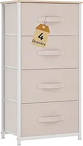DWVO Storage Tower with 4 Drawers - Fabric Dresser, Organizer Unit for Bedroom, Living Room, Closets - Sturdy Steel Frame, Easy Pull Fabric Bins & Wooden Top (Cream White)