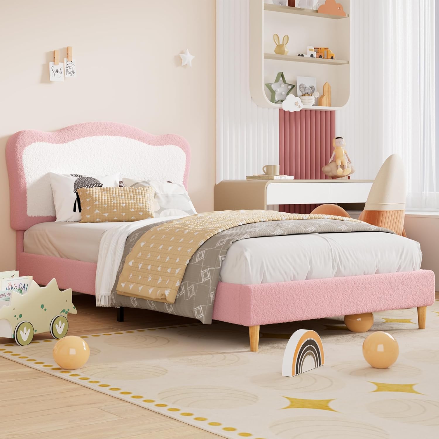 Twin Bed Frame with Round Boucle Headboard, Toddler Bed, Upholstered Arch-Shaped Design in Soft Pink, Modern Kids Wooden Bed Frame, No Box Spring Required & Easy Assembly，Pink Ivory