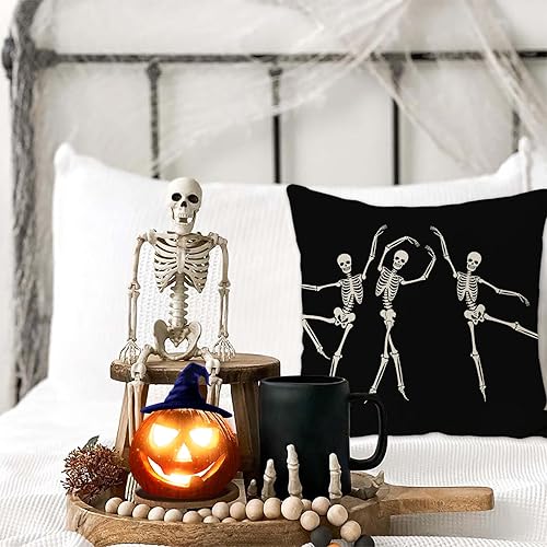 Miniatura 10 de JOOCAR Fundas de almohada de calavera de Halloween, diseño de esqueleto, divertida funda de cojín para sofá, decoración del hogar, 22 x 22 pulgadas,