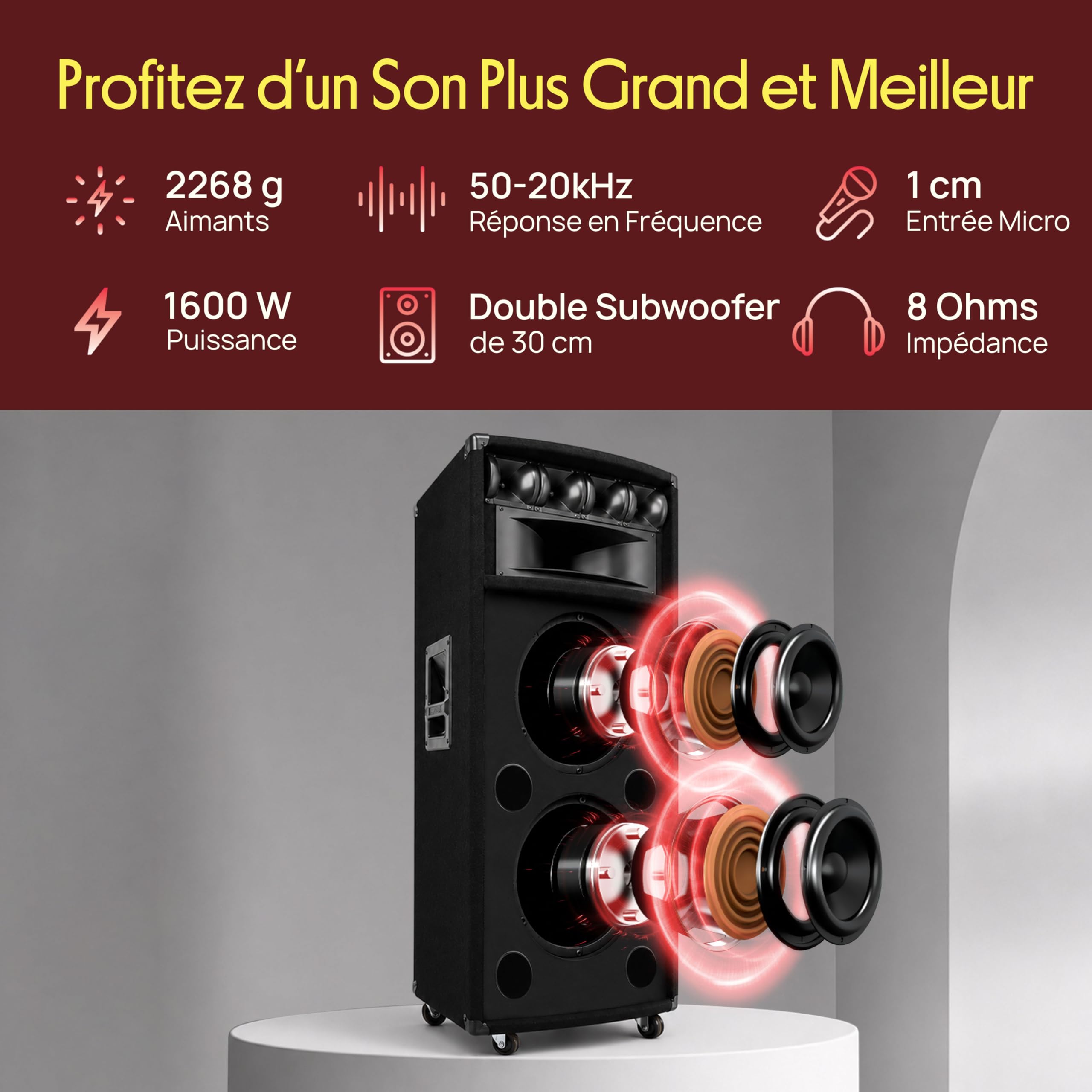 Pyle Système de Haut-Parleur PA Portable 1600 W – Enceinte Sonorisation Extérieure avec 2 x 30 cm Woofers, Tweeters Piezo 8,6 cm, Haut-Parleur Médium Super Horn 13 x 30 cm, Crossover Intégré
