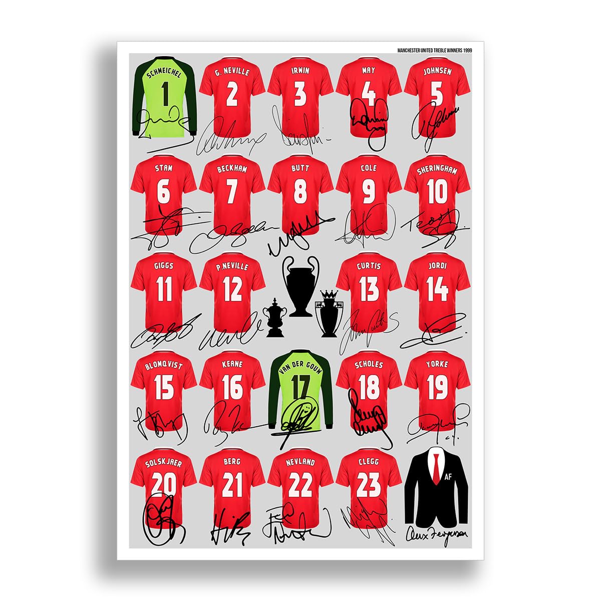 Mounted Gifts Trading Manchester United Treble Winners 1999 team squad Signed poster print framed picture photo autograph gift Beckham Giggs Scholes (A4 Poster Only)