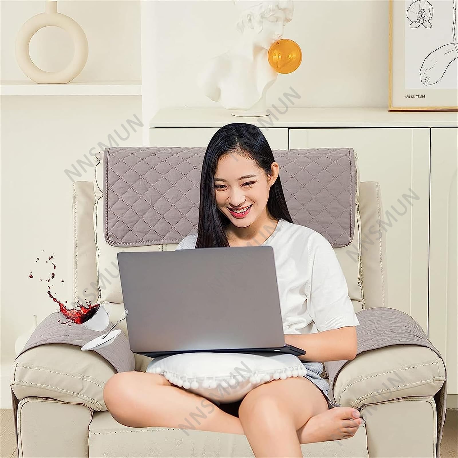 NNSMUN Sofa Armrest Cover, Headrest Cover for Recliner Chair Arm Cover, Armchair Slipcover with Pockets Nonslip Quilted Furniture Protector for Pets Leather Sofa Couch Slipcover (Gray,1 Seater(3pcs))