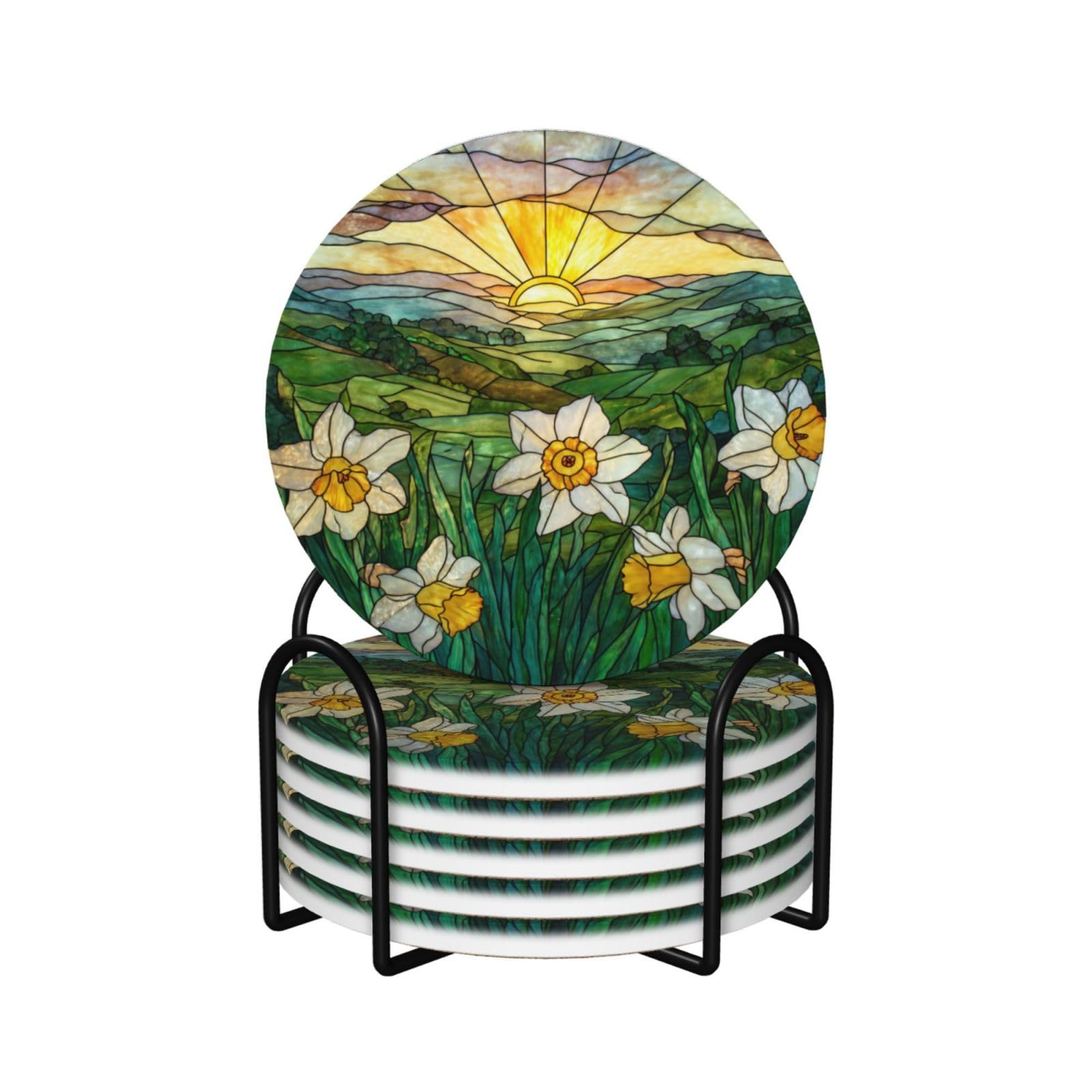Daffodil Flowers Rolling Green Hills Ceramic Coasters with Holder 6ps