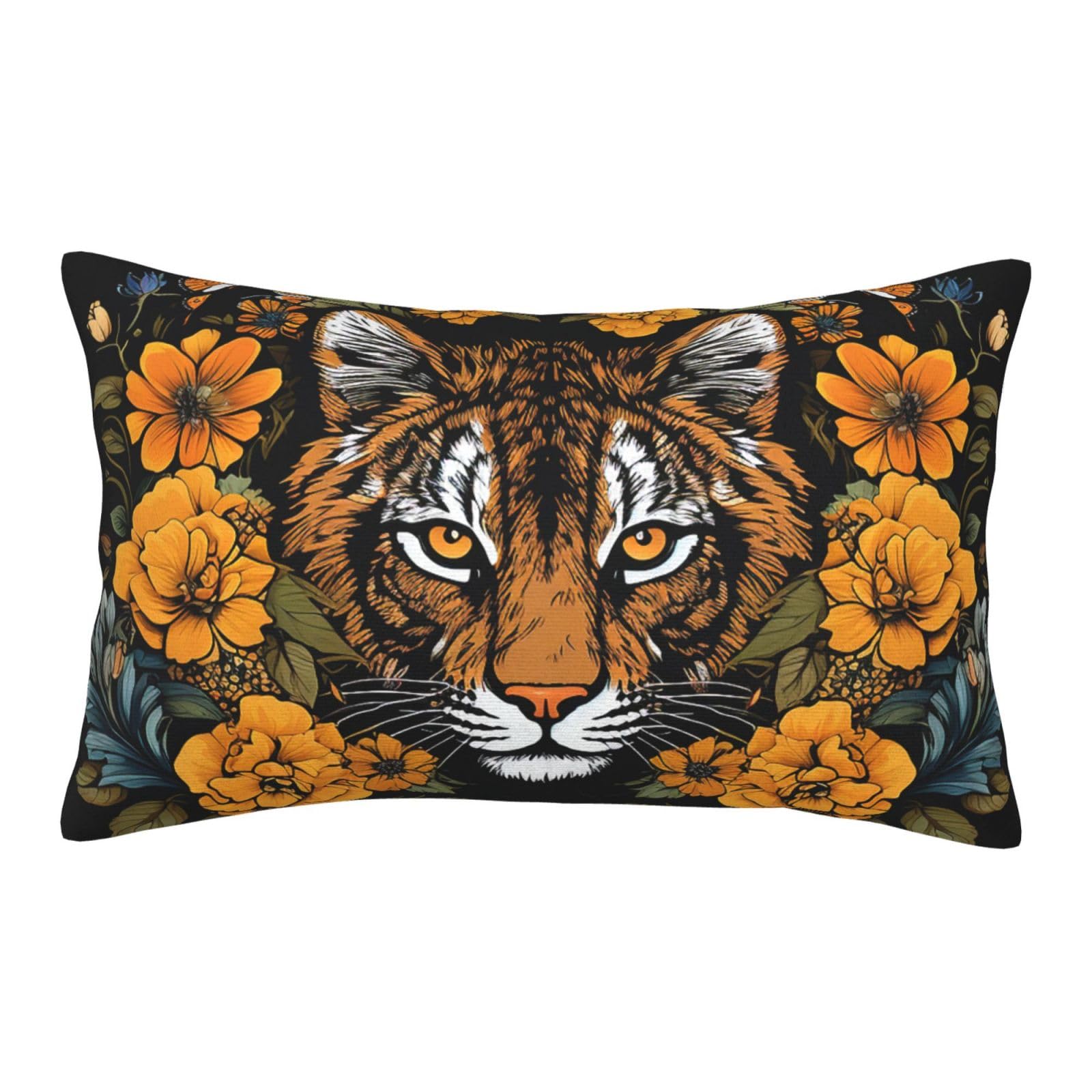 Velvet Pillowcases 14"x20" Ultra Soft Breathable Pillow Cases, Luxury Fuzzy Throw Pillow Covers with Zipper, Tiger and Sunflower on Black Background Pillow Shams Decorative Cushion Cases for Couch