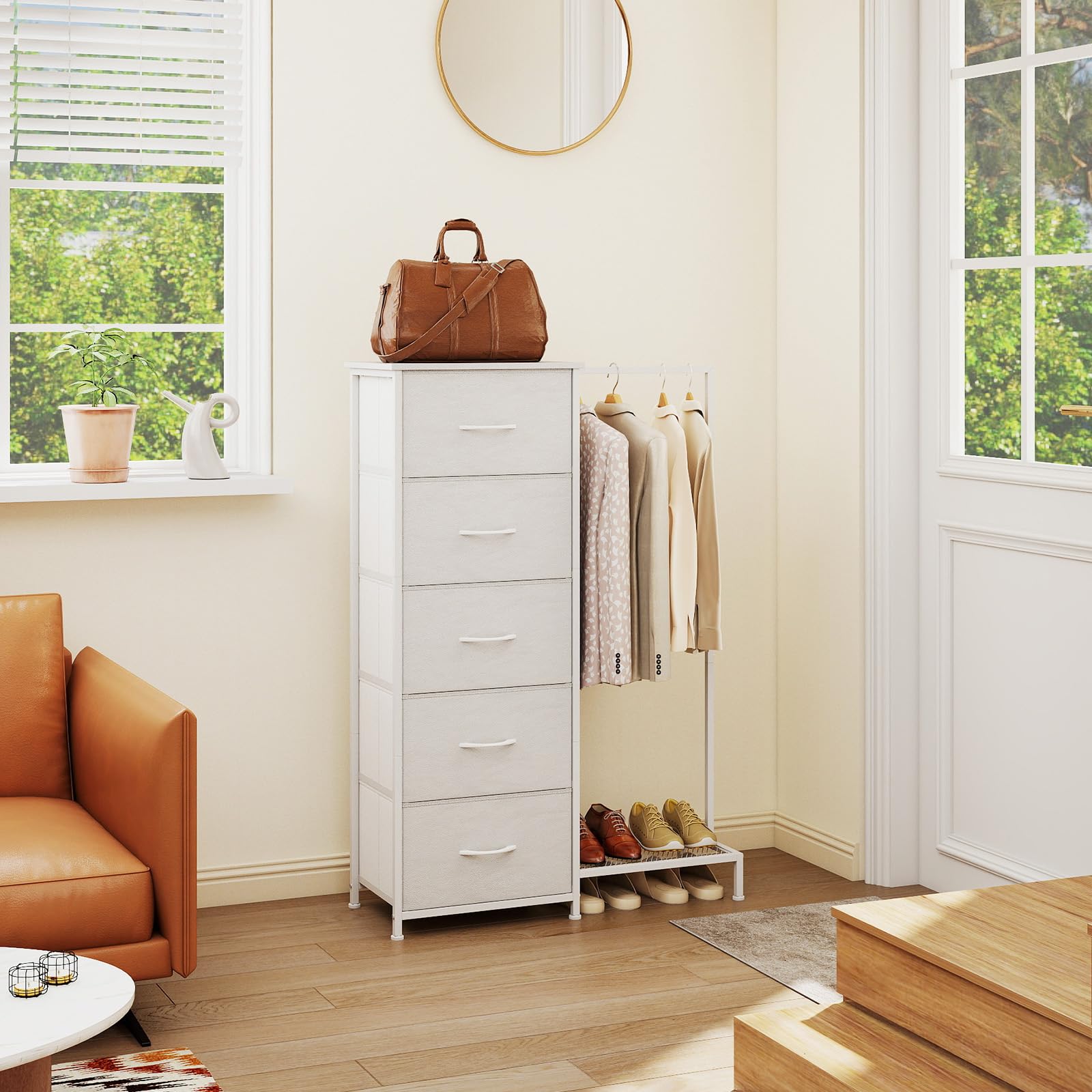 Somdot Commode Chambre avec Penderie, Meuble de Rangement Chambre à 5 Tiroirs en Tissu, Commode pour Salon, Couloir, Entrée, Adult, 30P x 79l x 114,5H, Blanc