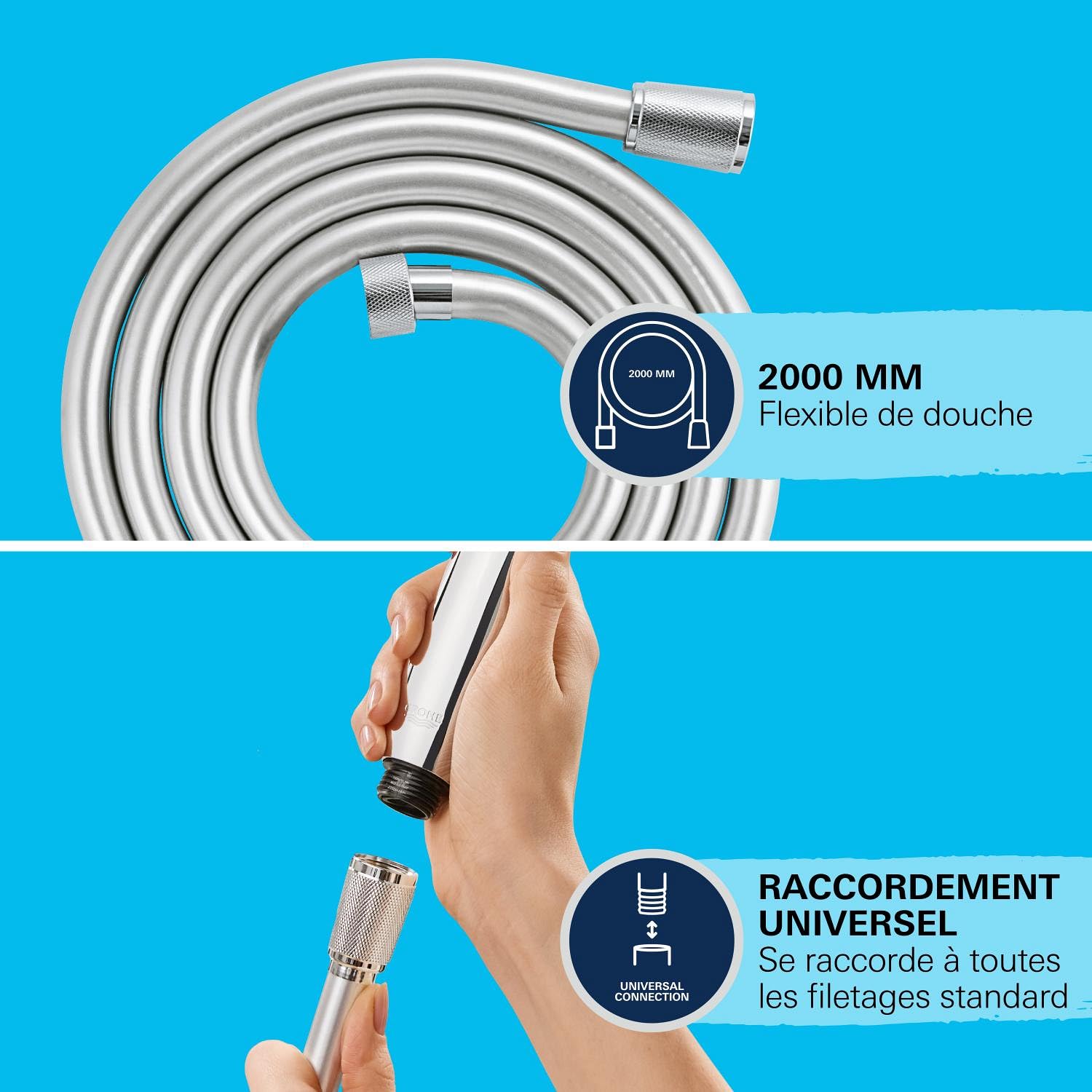 GROHE Flexible tuyau de douche salle de bains VitalioFlex Silver, tuyau de douche 2000mm, anti-pliures, finition brillante, raccord fileté universel 1/2", chromé, 27507001 (Import Allemagne)