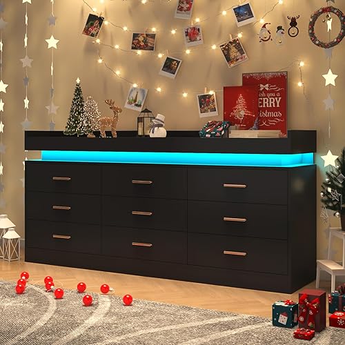 Miniatura 5 de 9 Drawer Dresser with LED Light and Charging Station, Modern Chest of Drawers for Closet, Wide Drawer Organizer Cabinet for Bedroom, Living Room,