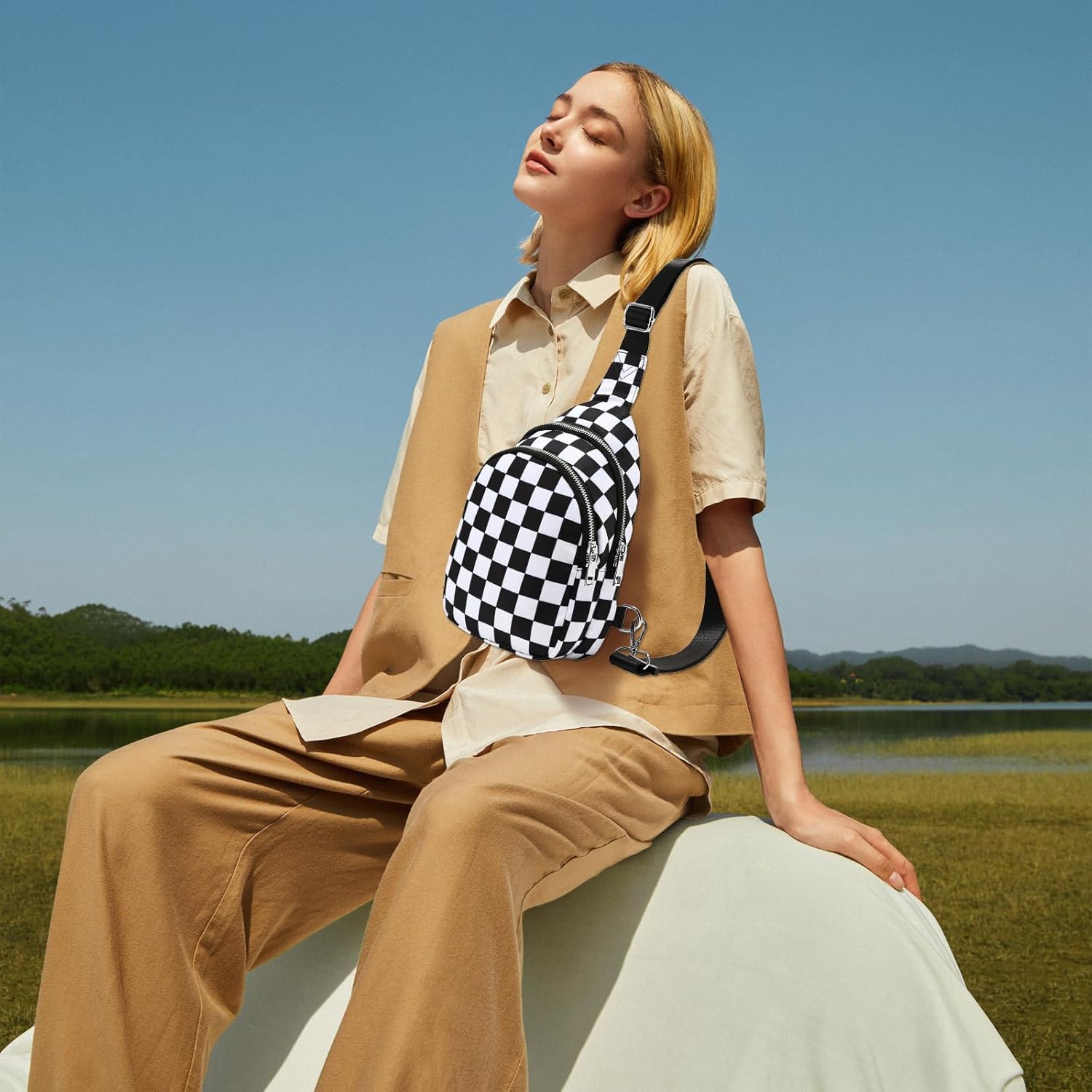 Small Checkered Sling Bag for Women, RFID Crossbody Bags Nylon Sling Backpack Purse for Travel (Black Checkered) - Image 2