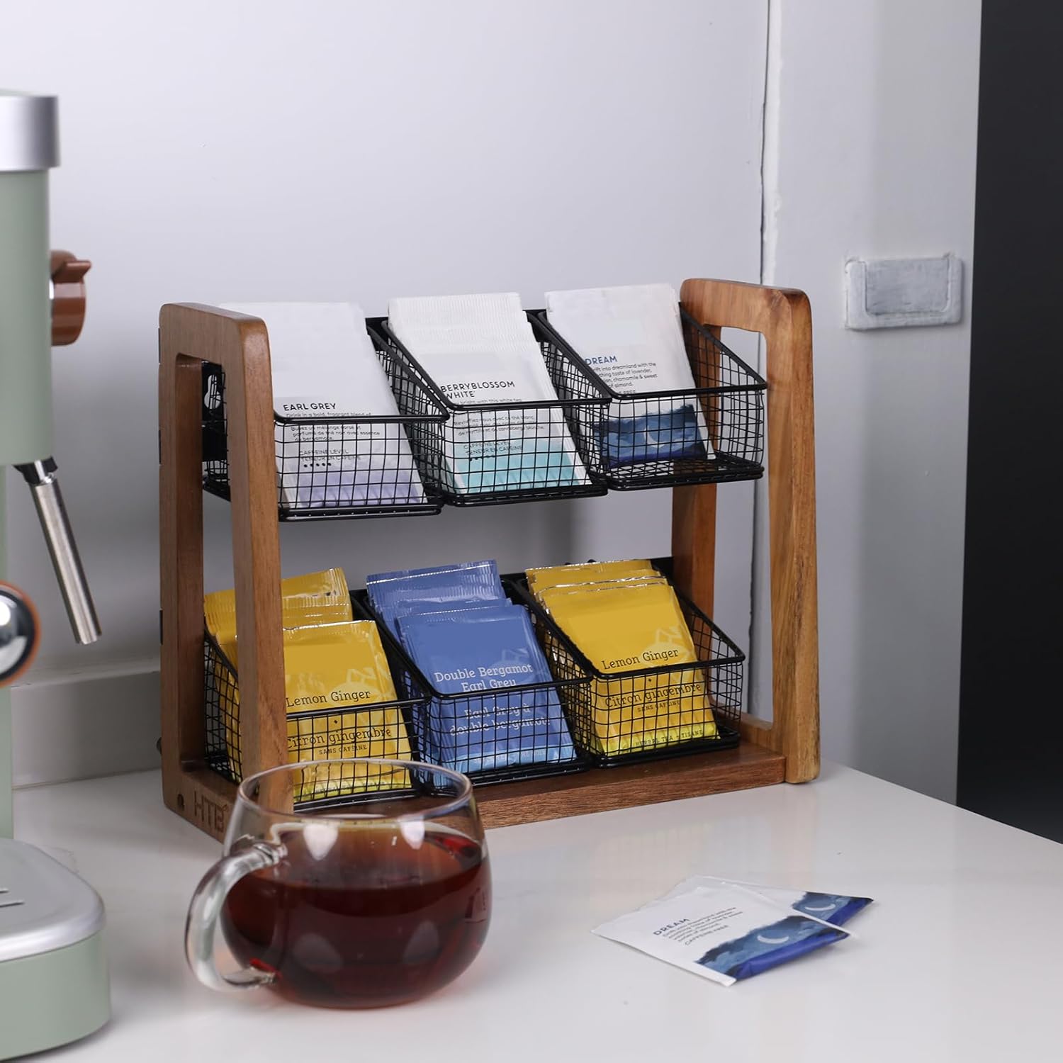 HTB 2 Tier Tea Organizer for Tea Bags, Tea Bag Holder with Acacia Wood Stand and 6 Removable Metal Basket for Sugar Packets, Sweeteners, Creamers for Cabinet, Countertop or Wall-mounted