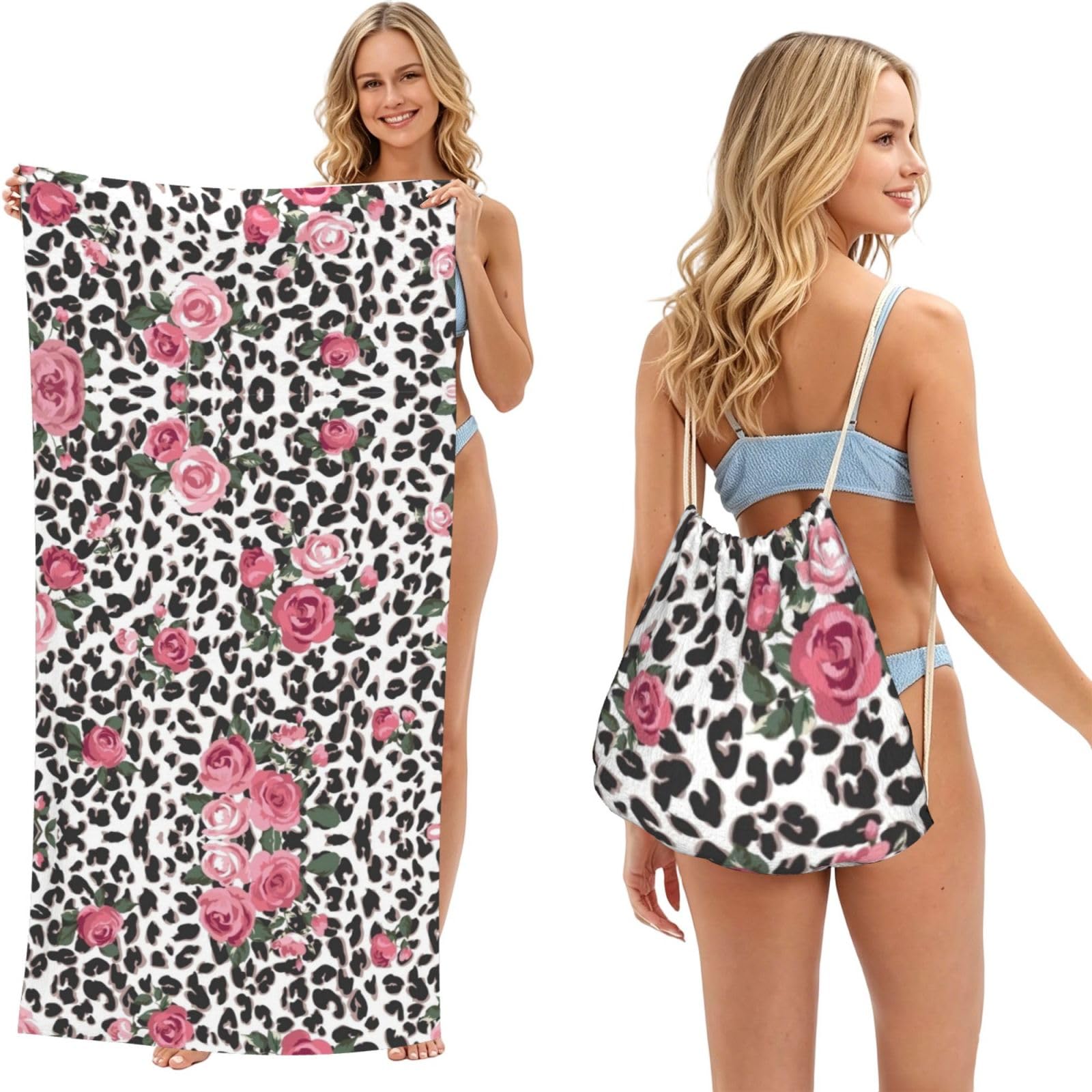 ESNAIUVCD Pink Cute Rose Mix Leopard Pattern Print Beach Towel For Adults,Towel With Drawstring Bag, Travel Pool Swimming Sports Shower Sand Free Quick Dry Bath Towel For Pool, Beach, Yoga- 180x60cm