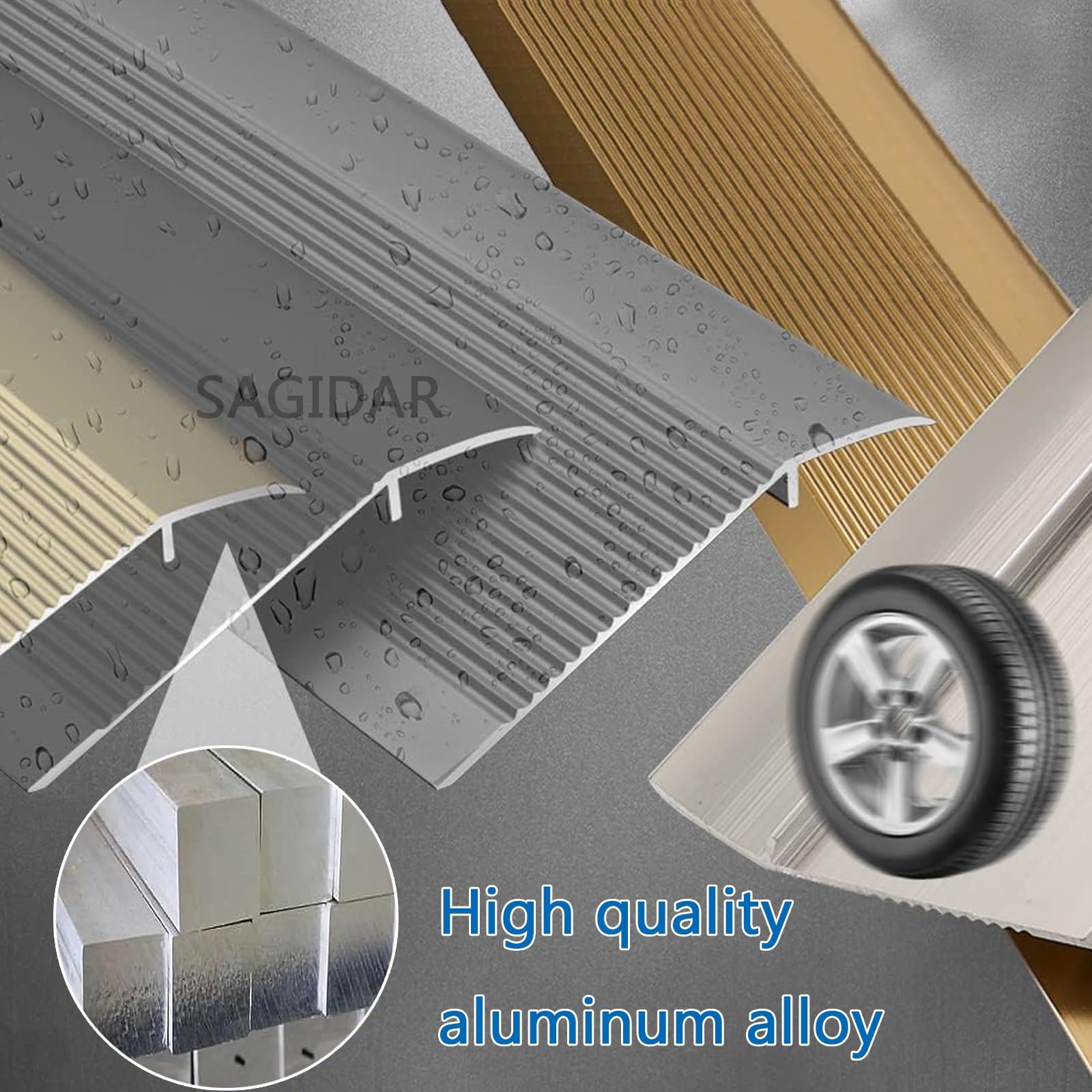 SAGIDAR Barre De Seuil Aluminium, Bande Transition pour Sol Irrégulier, Rampe D'entrée, Imperméable Et Antirouille, Baguette Recouvrement pour Porte D'entrée/Balcon, Longue Durée D'utilisation