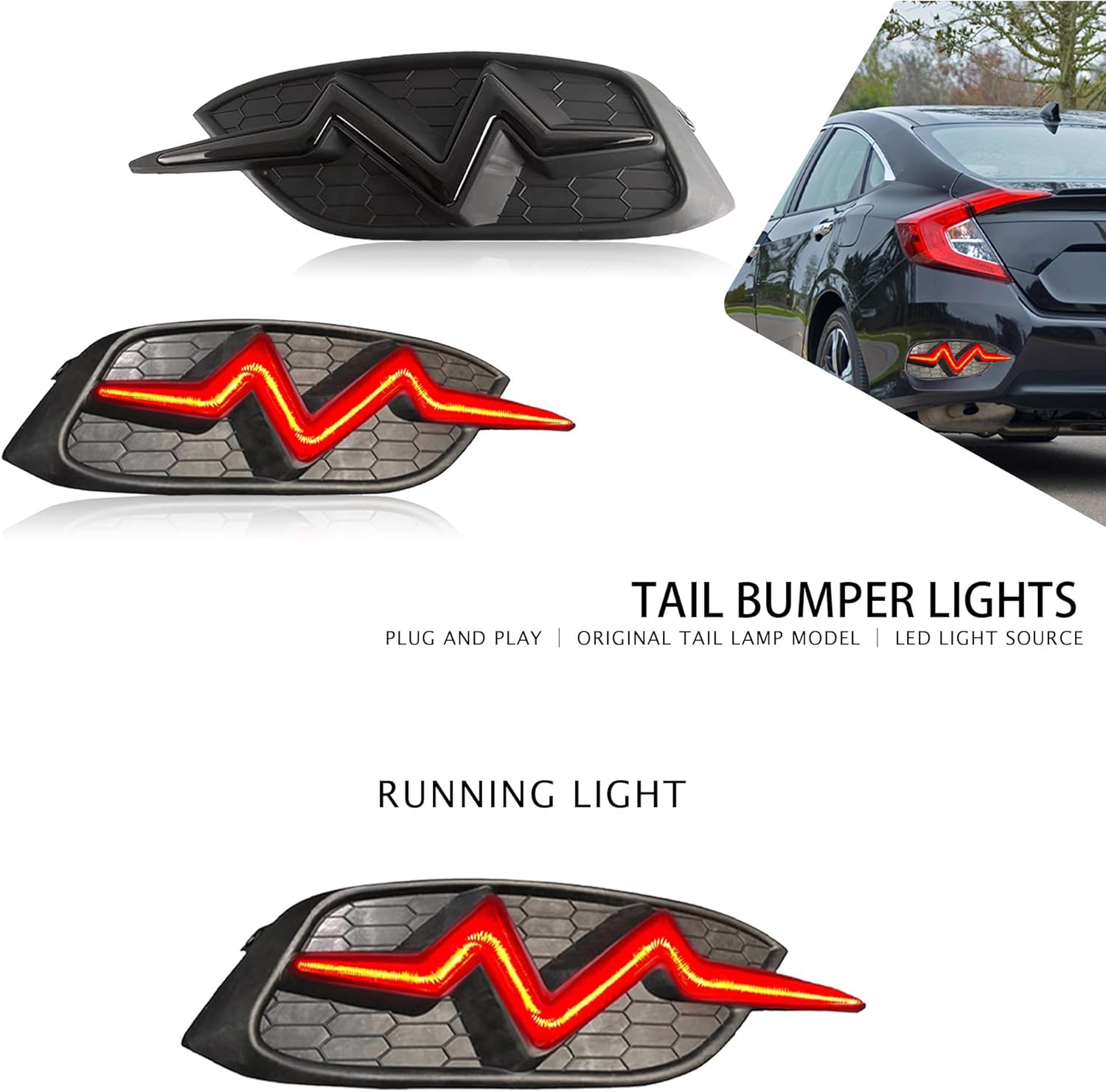 LED Rear Bumper Light for Honda Civic 2016 2017 2018 2019 2020 2021 LX EX Touring Sedan Tail Bumper Reflector Light Brake Running Lights Sequential Flash Turn Signal Lamps,Black Lens