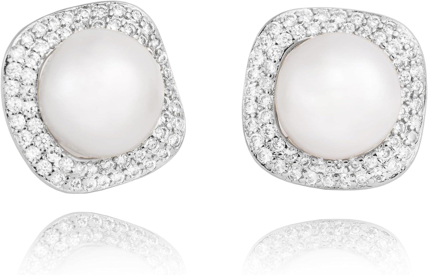 Pearl Earrings Studs 925 Sterling Silver 9MM Cultured Freshwater Pearl Cubic Zirconia Button Stud Earrings
