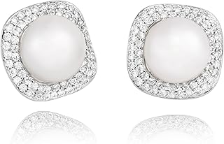 Pearl Earrings Studs 925 Sterling Silver 9MM Cultured Freshwater Pearl C...