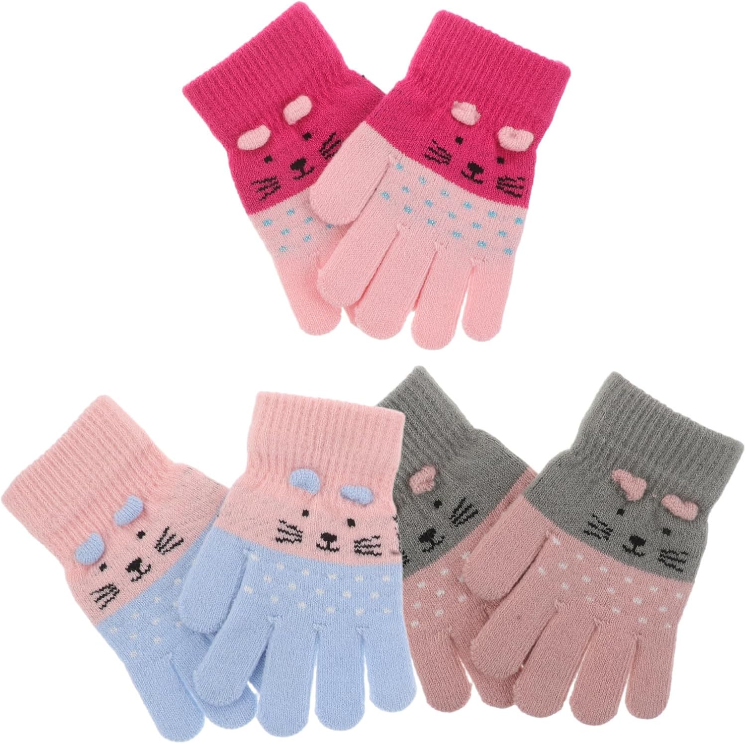 3 Pairs Winter Warm Knitting Mittens for Adults and Boys with Cute Cat Design, Acrylic Fibers Material, Keep Hands Warm and Allow Easy Movement, for Snowboarding or Waiting