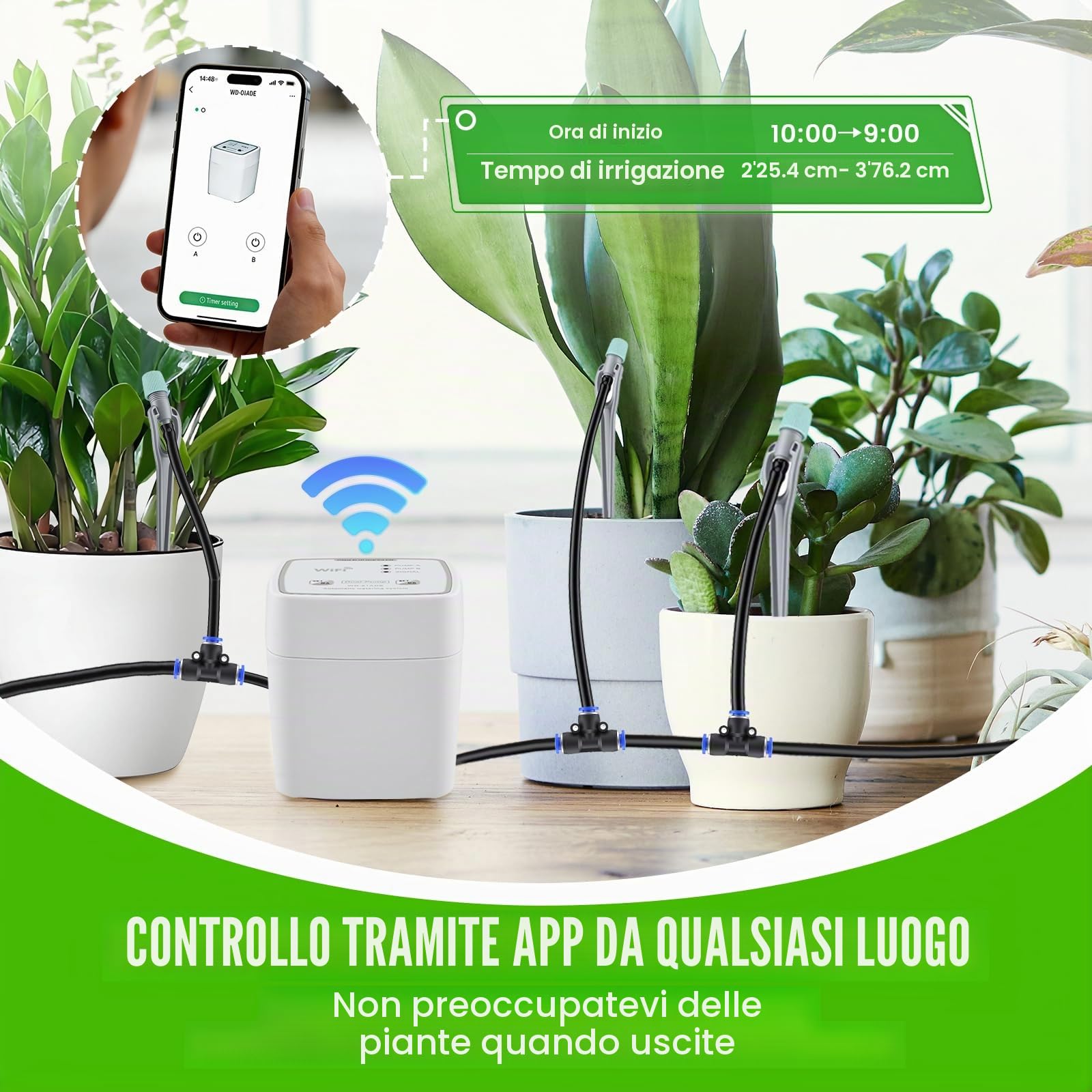 Kit di Irrigazione a Goccia WiFi con Controllo APP, Portata d'Acqua Regolabile, Sistema Irrigazione Automatica per Fino a 20 Vasi da Interno, Tempestiva Irrigatore Giardino per Piante, Doppia Pompa
