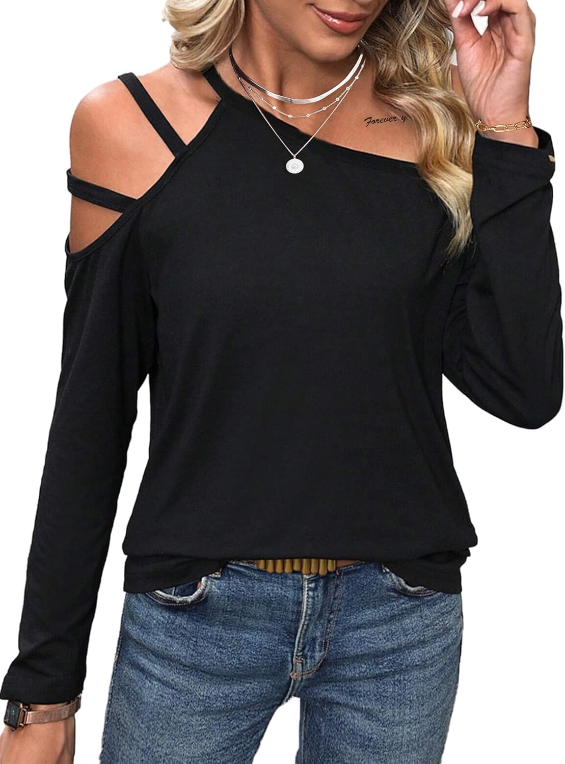 LilyCoco Women's Cold Shoulder Long Sleeve Top Asymmetrical Loose Casual Shirts - Image 3