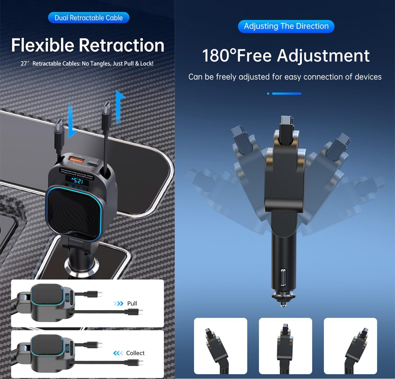 Dual Retractable 27" Cord,96W Car Charger Adapter with Type-C 4-in-1 image 4