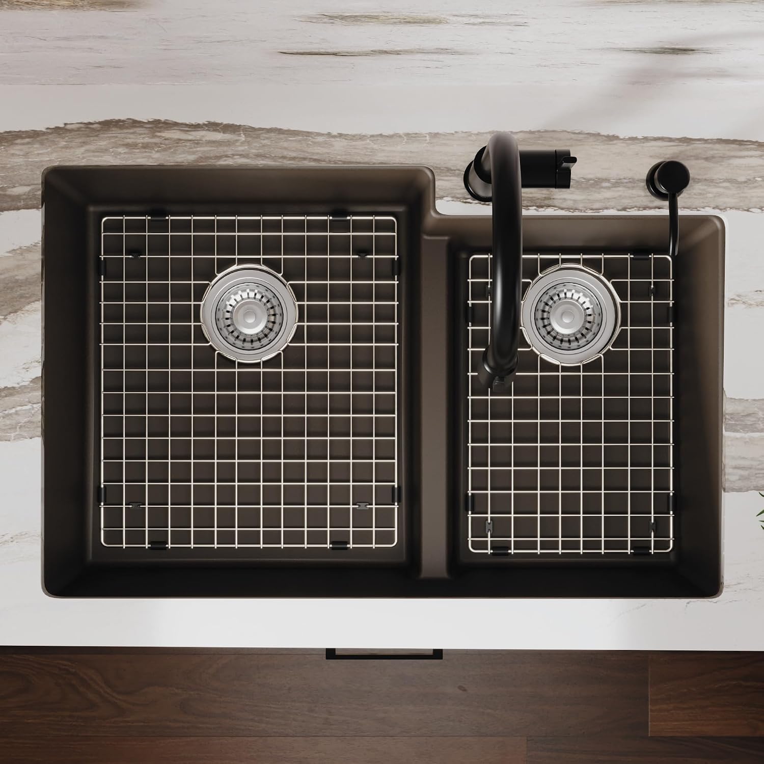Karran QU-811 32 Inch Undermount 60/40 Double Bowl Quartz Composite Kitchen Sink Kit in Brown, Large/Small Bowls, Includes Bottom Grids, Basket Drains, Luster Pro Polish, Heat & Scratch Resistant