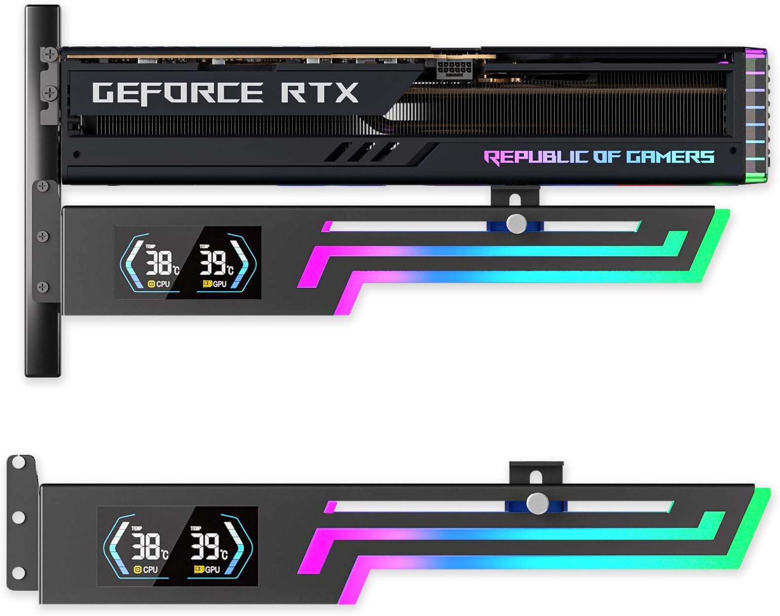 ARGB GPU Support Bracket with CPU & GPU Temp Display, Universal Graphics Card Support, Multi Angle Adjustable GPU Sag Bracket for Video Cards, GPU Stand Built-in 5V3PIN Addressable RGB Strip