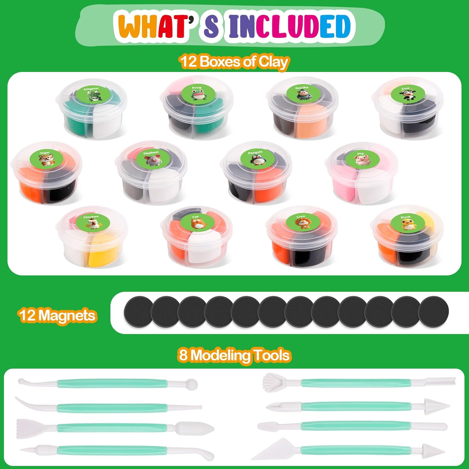 Kasfalci Air Dry Clay Kits for Kids, Arts and Crafts for Kids Ages 8-12, DIY 12 Animals Magic molding Clay Set with Sculpting Tools & Magnets, Modeling Toys for Boys & Girls Ages 4 5 6 7 8+ Years Old