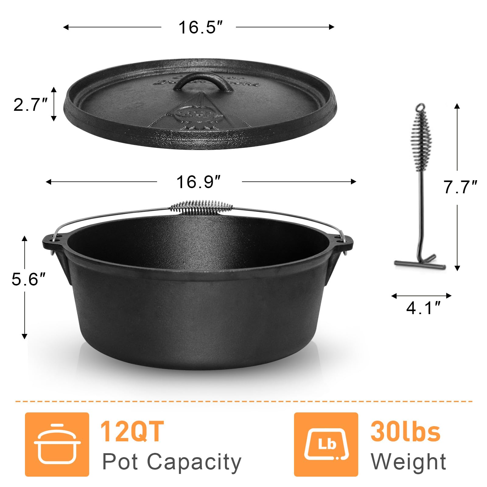 12 Qt Camping Dutch Oven - Cast Iron Pre-Seasoned -2 12 Qt Camping Dutch Oven - Cast Iron Pre-Seasoned -2