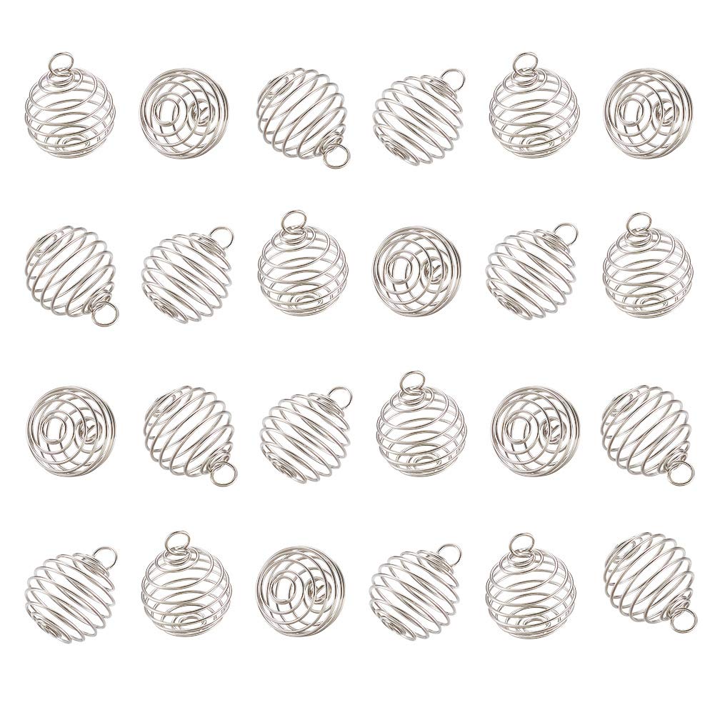PandaHall 10pcs Iron Spiral Bead Cage Pendants 15~16x14mm Platinum Round Crystal Pearl Lava Stone Holder Wire Locket Cages Charms for Necklace Earring Jewelry Making