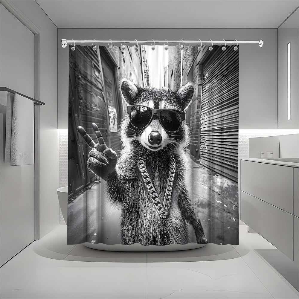 Cool Raccoon with Sunglasses Shower Curtain Black and White 70W x70L image 5
