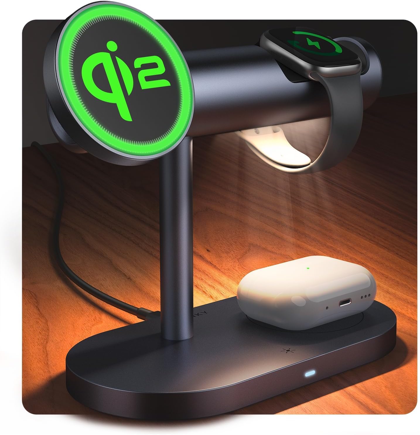 iVANKY Qi2 Certyfikowana Stacja Ładowania Bezprzewodowego 4 w 1 z Podświetleniem Nocnym dla MagSafe Magnetic Charger, Szybkie Ładowanie 3 w 1 dla iPhone, Apple Watch oraz AirPods(Ładow. 33W PD w zest)